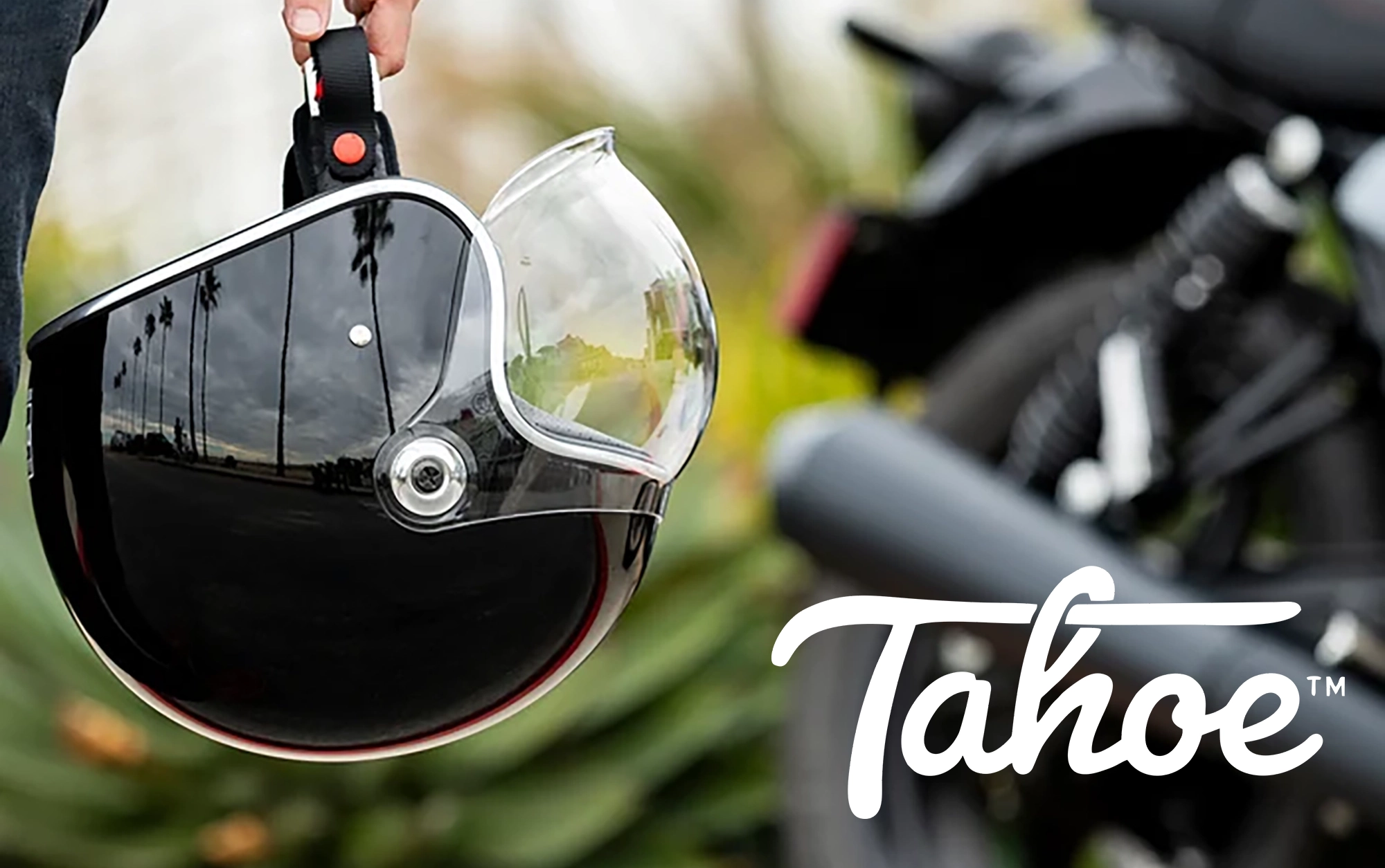 Biltwell Tahoe open-face helmet with its built-in bubble shield, [angle] view