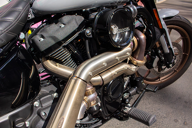 Trask Tornado Turbo Kit stainless steel header pipes running along the right side of the Milwaukee-Eight 117 engine