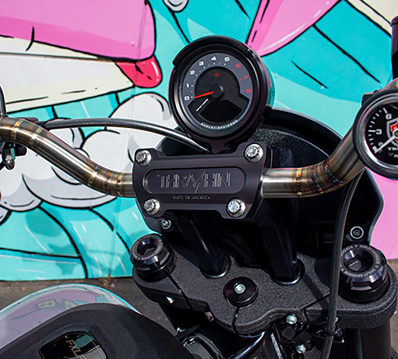 Thrashin Supply 6.5in pull back risers with the branded top clamp holding the Arlen Ness stainless MX handlebar