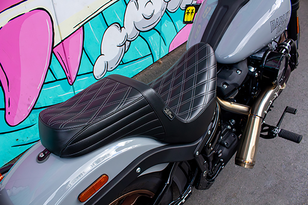 LePera TailWhip dual seat with gun metal grey diamond stitching fitted to the 2024 Low Rider S