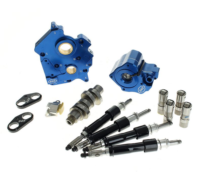 S&S 496 Cam Chest Kit contents including the HPT496 camshaft, billet oil pump and cam plate, tappets and Quickee pushrods