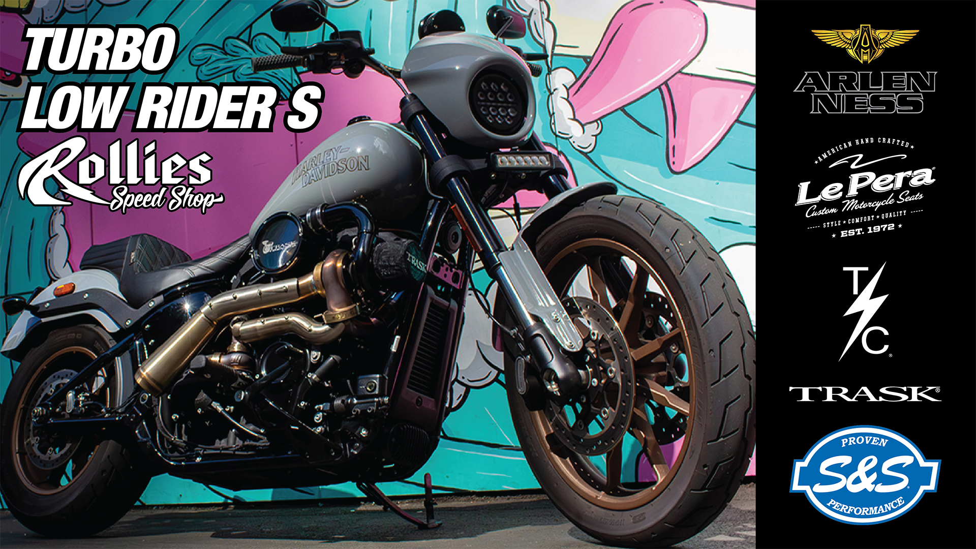 Turbocharged 2024 Low Rider S built by Rollies Speed Shop, with Arlen Ness, LePera, Thrashin Supply and S&S brand logos