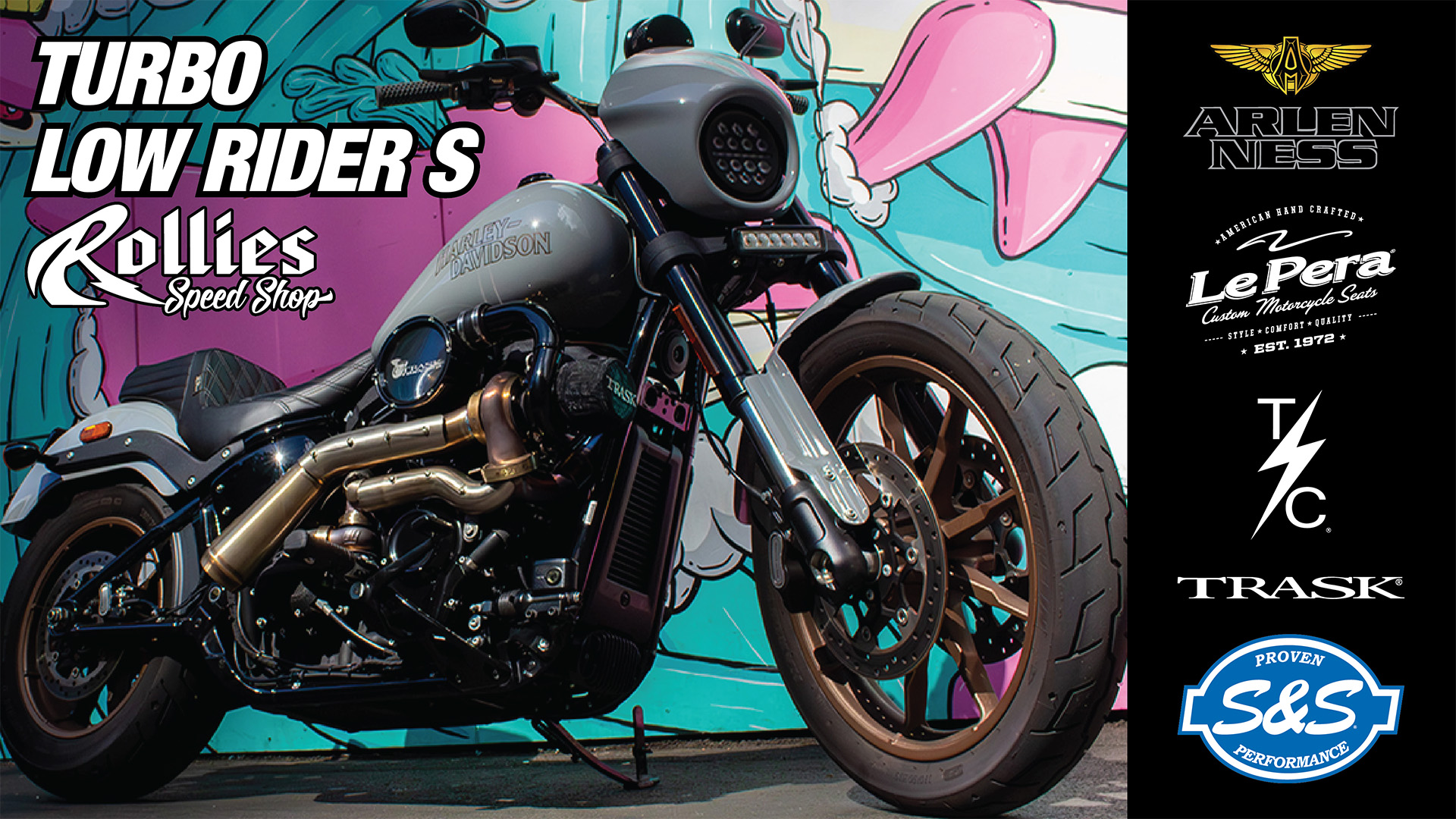 2024 Turbo Softail Header Image With brand logos for Arlen Ness, lePera, Thrashin Supply & S&S Cycle